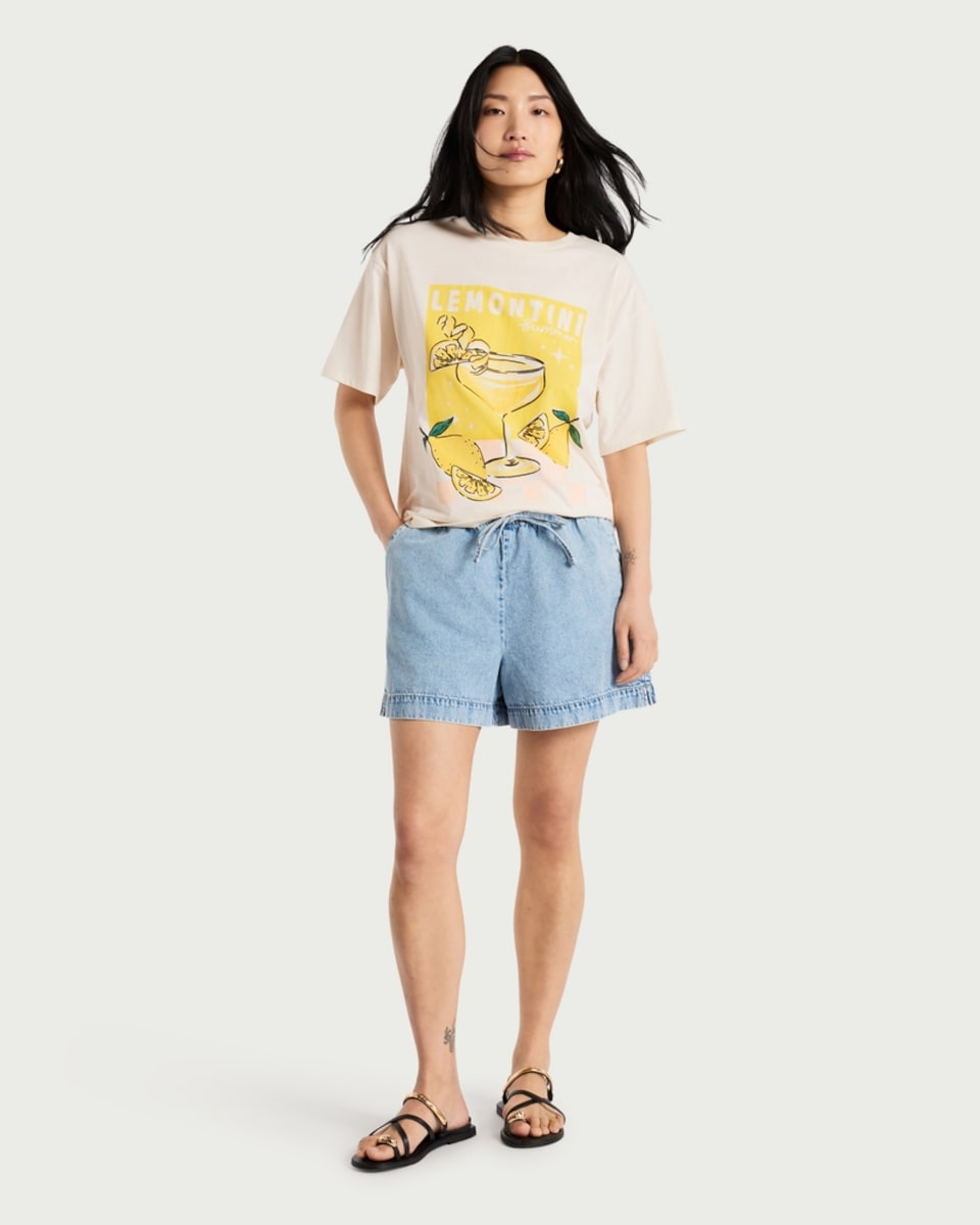 image 1 of F&F Pure Cotton Lemontini Summer Print T-Shirt in Cream