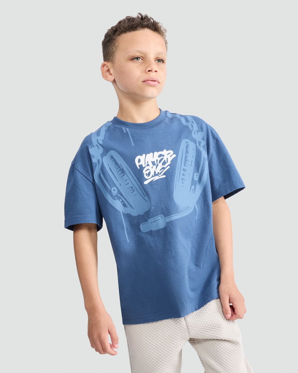 image 1 of F&F Boys Pure Cotton Slogan Short Sleeved T-Shirt in Blue