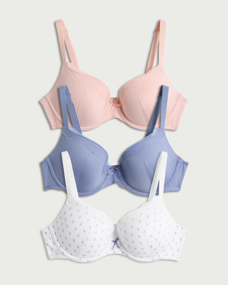 image 1 of F&F 3-Pack Printed Lace Trim Underwired T-Shirt Bras in Multi