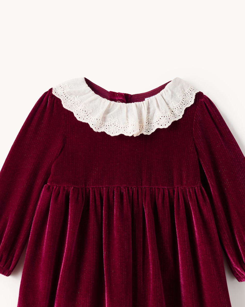 image 1 of F&F Baby Velvet Broderie Collar Dress in Red