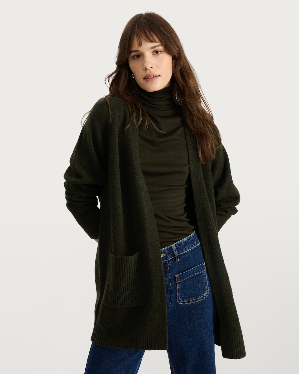 image 1 of F&F Patch Pocket Open Front Cardigan with Wool in Khaki
