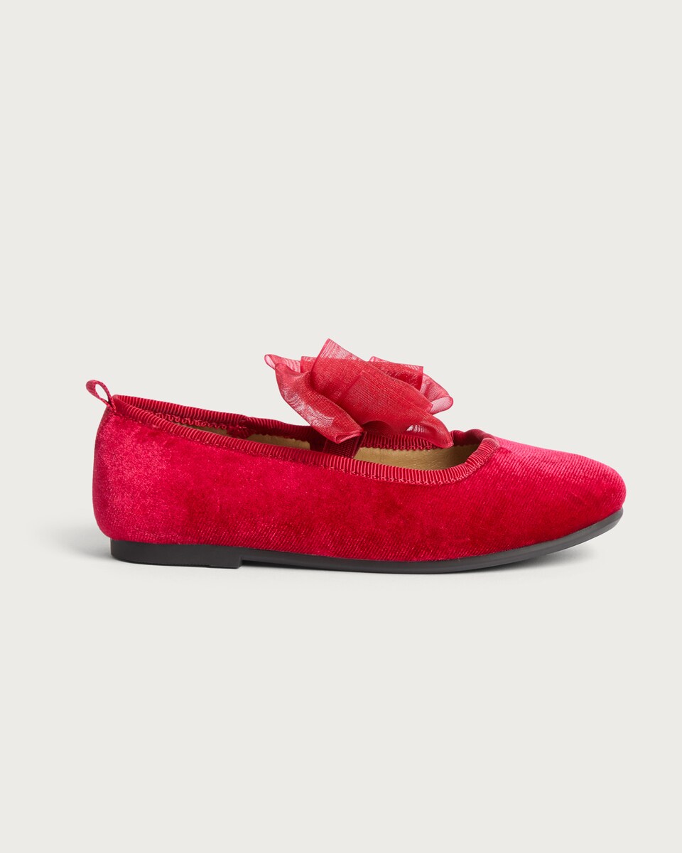 image 1 of F&F Girls Velvet Bow Detail Ballet Shoes in Red