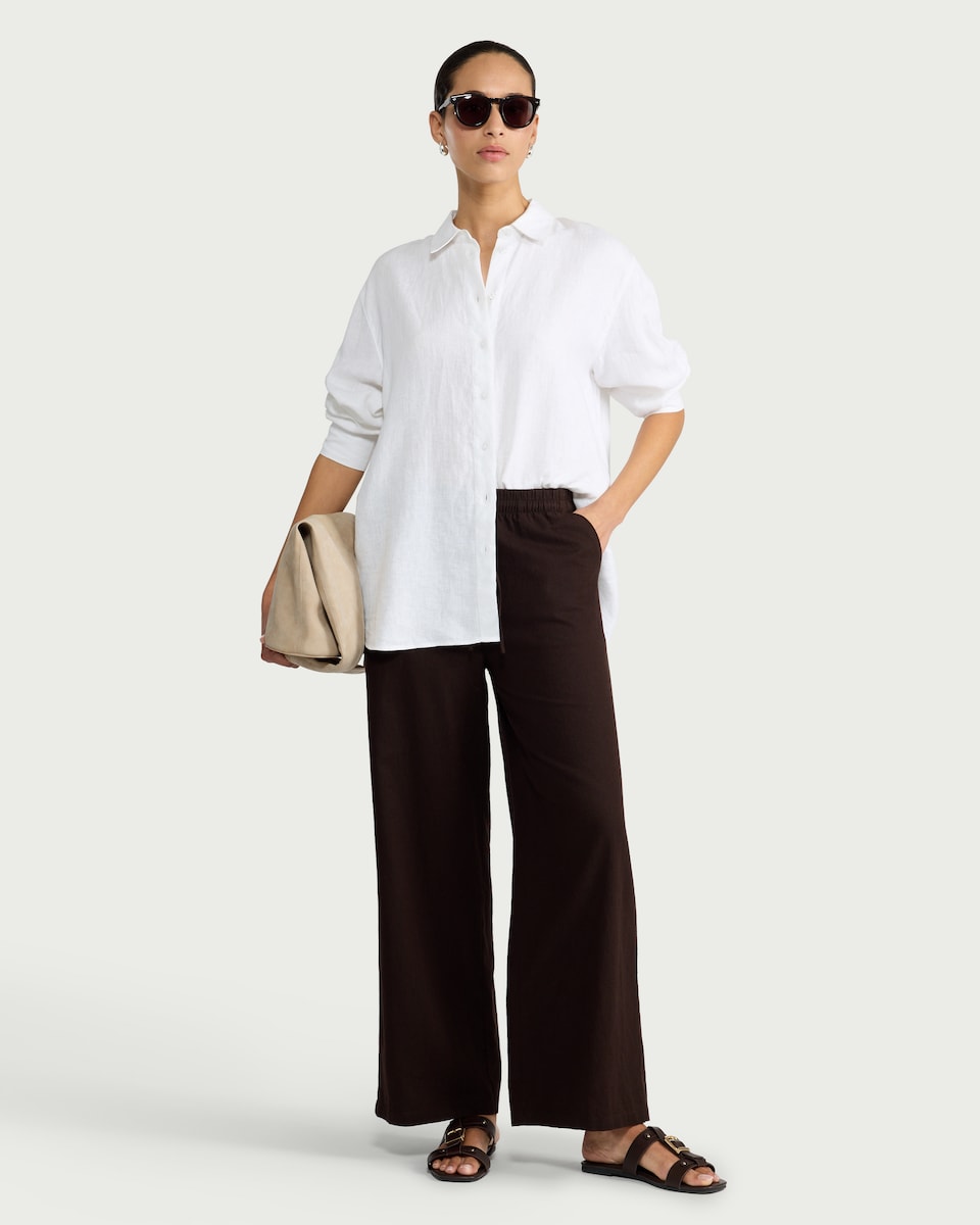 image 1 of F&F Linen Rich Wide Leg Trousers in Chocolate