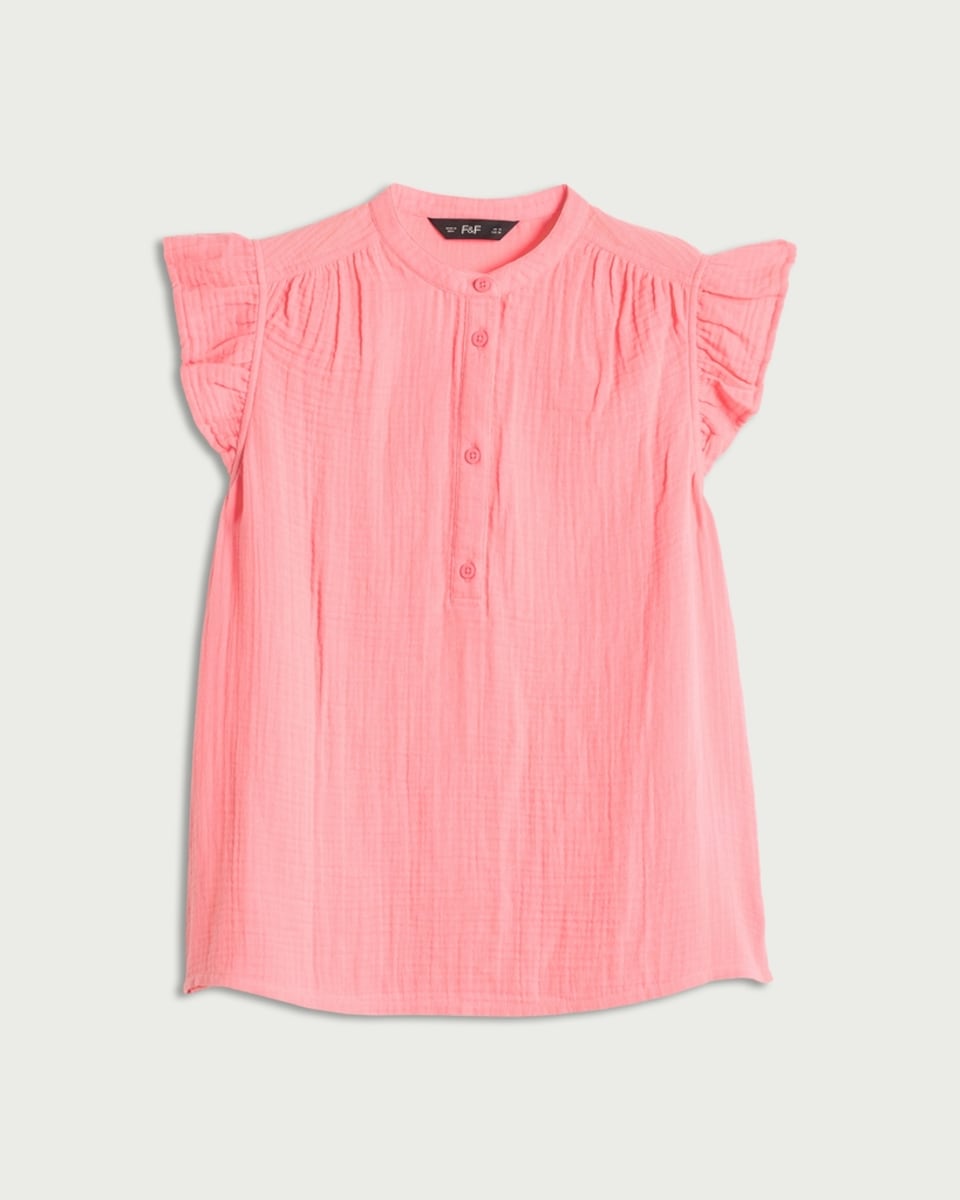 image 1 of F&F Pure Cotton Double Cloth Ruffle Sleeved Blouse in Pink