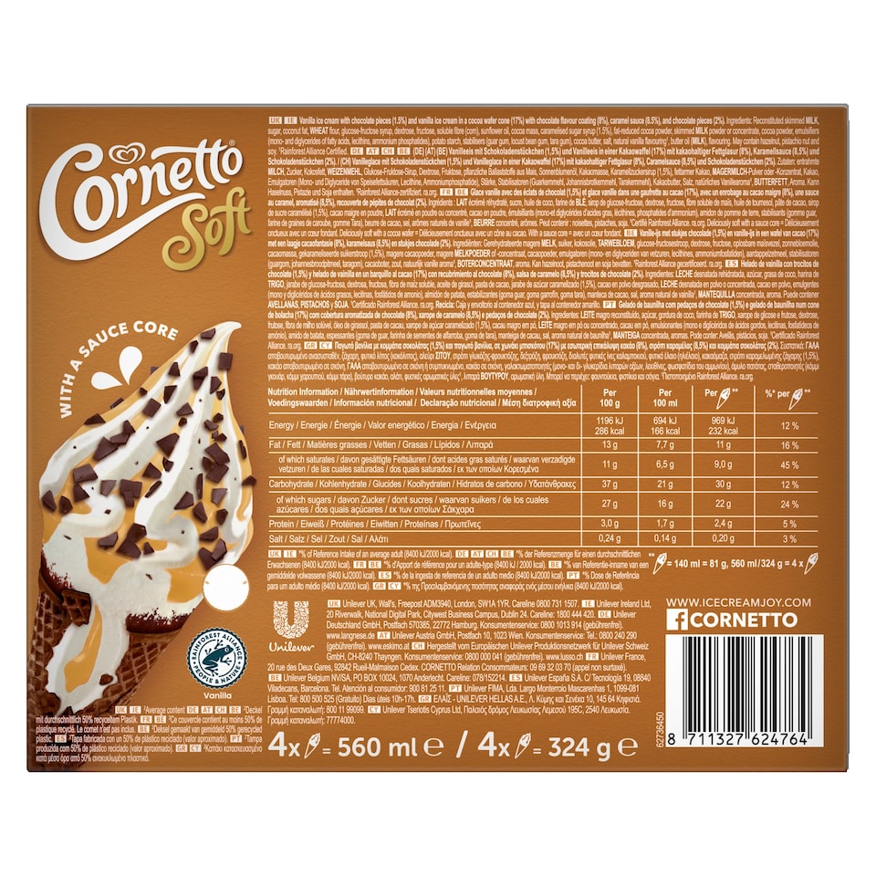 image 1 of Cornetto Soft Caramel Stracciatella Ice Cream Cones 4x140ml