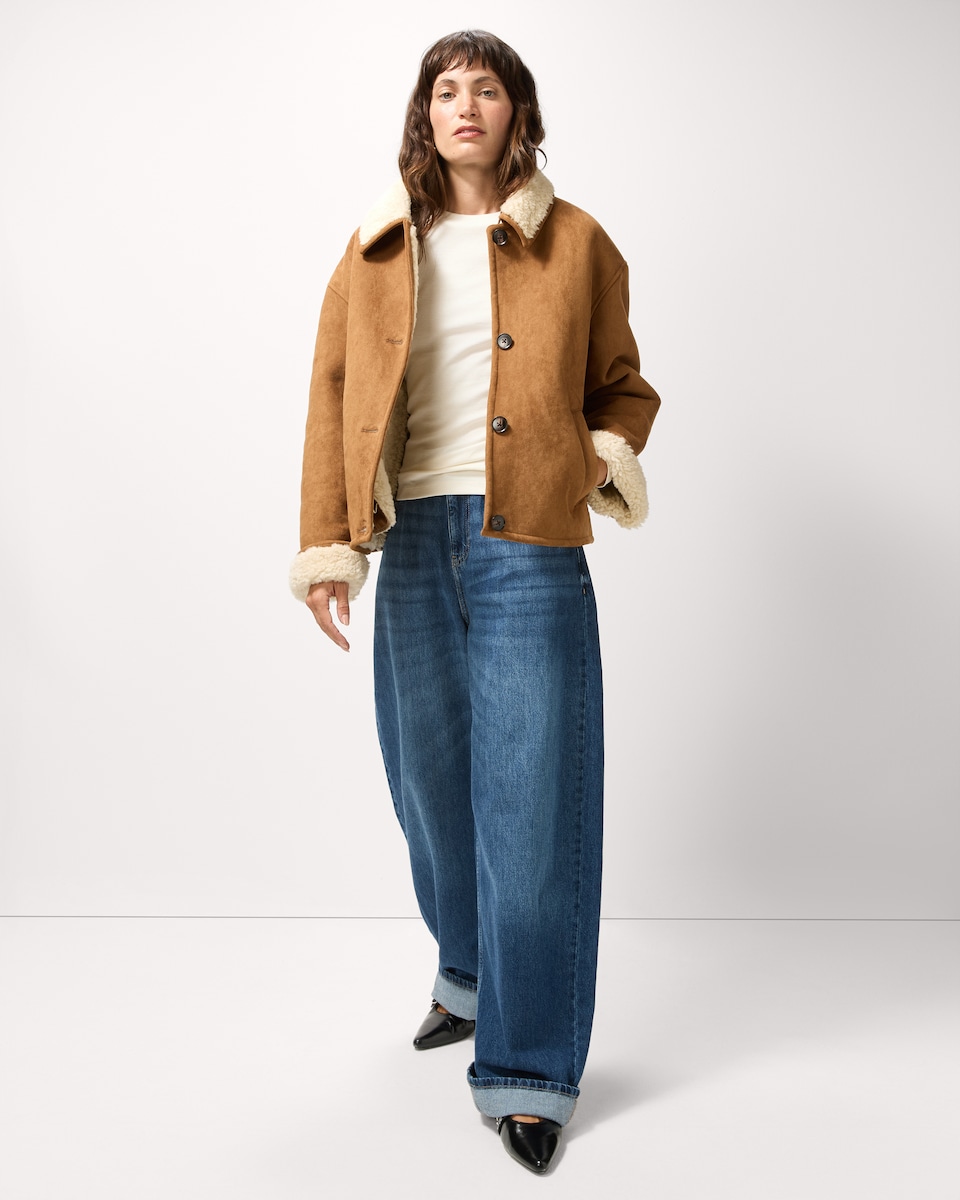 image 1 of F&F Faux Shearling Short Coat in Med Nude