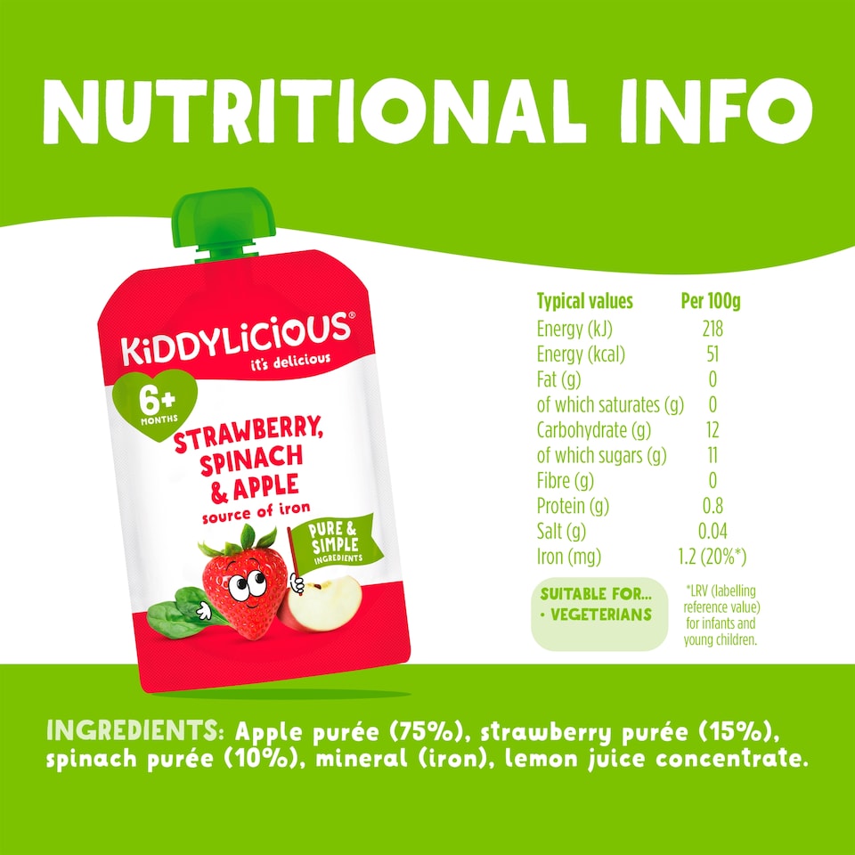 image 1 of Kiddylicious Pouches Strawberry, Apple & Spinach 6m+ 100g