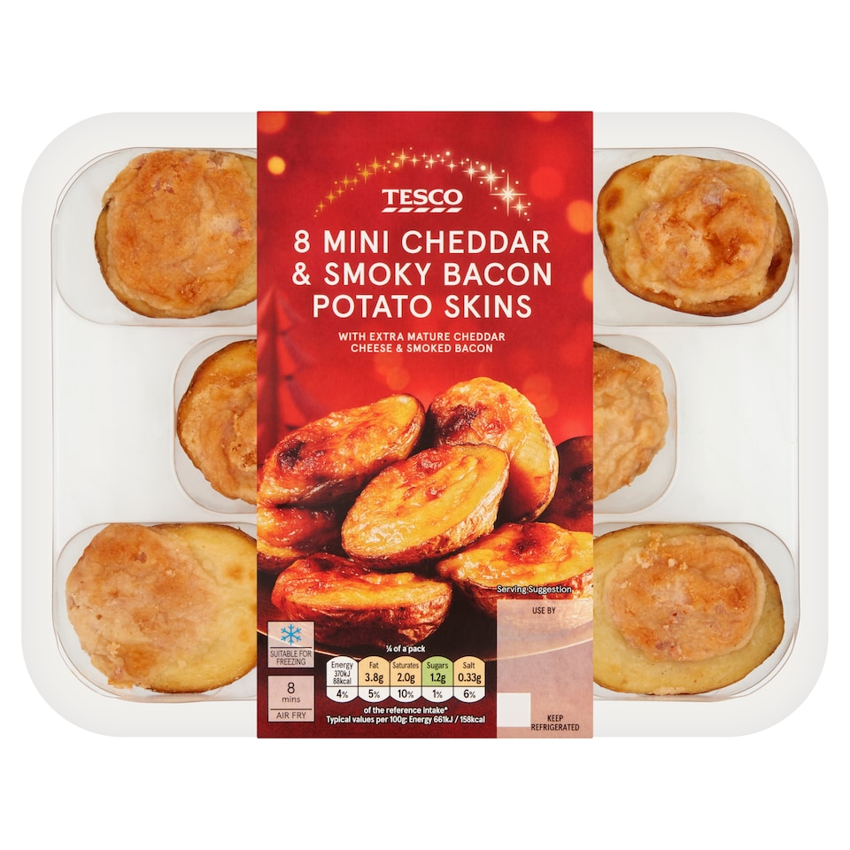 Tesco 8 Mature Cheddar & Smoky Bacon Skins 224G