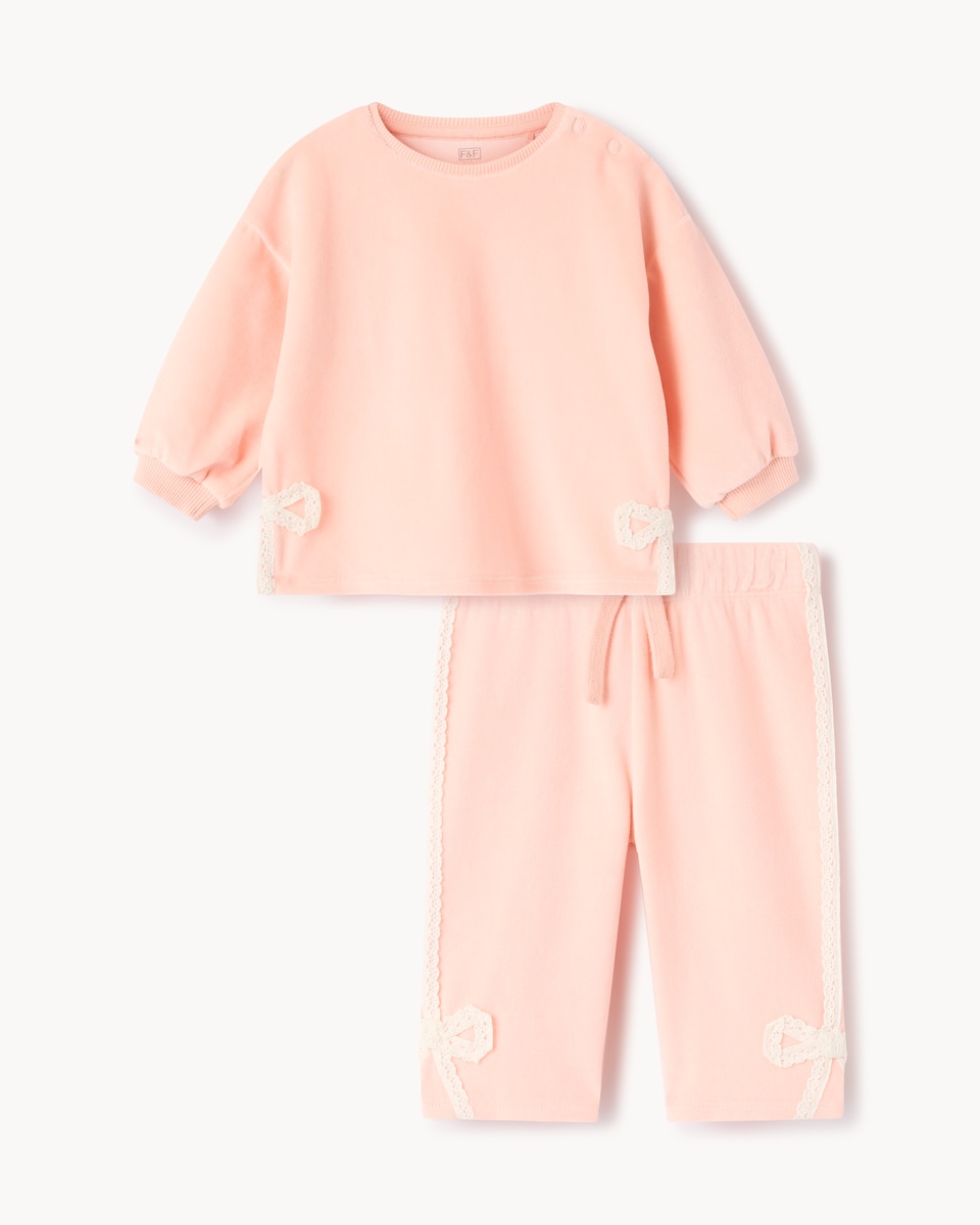 image 1 of F&F Baby Velour Bow Top & Bottom Set in Pink
