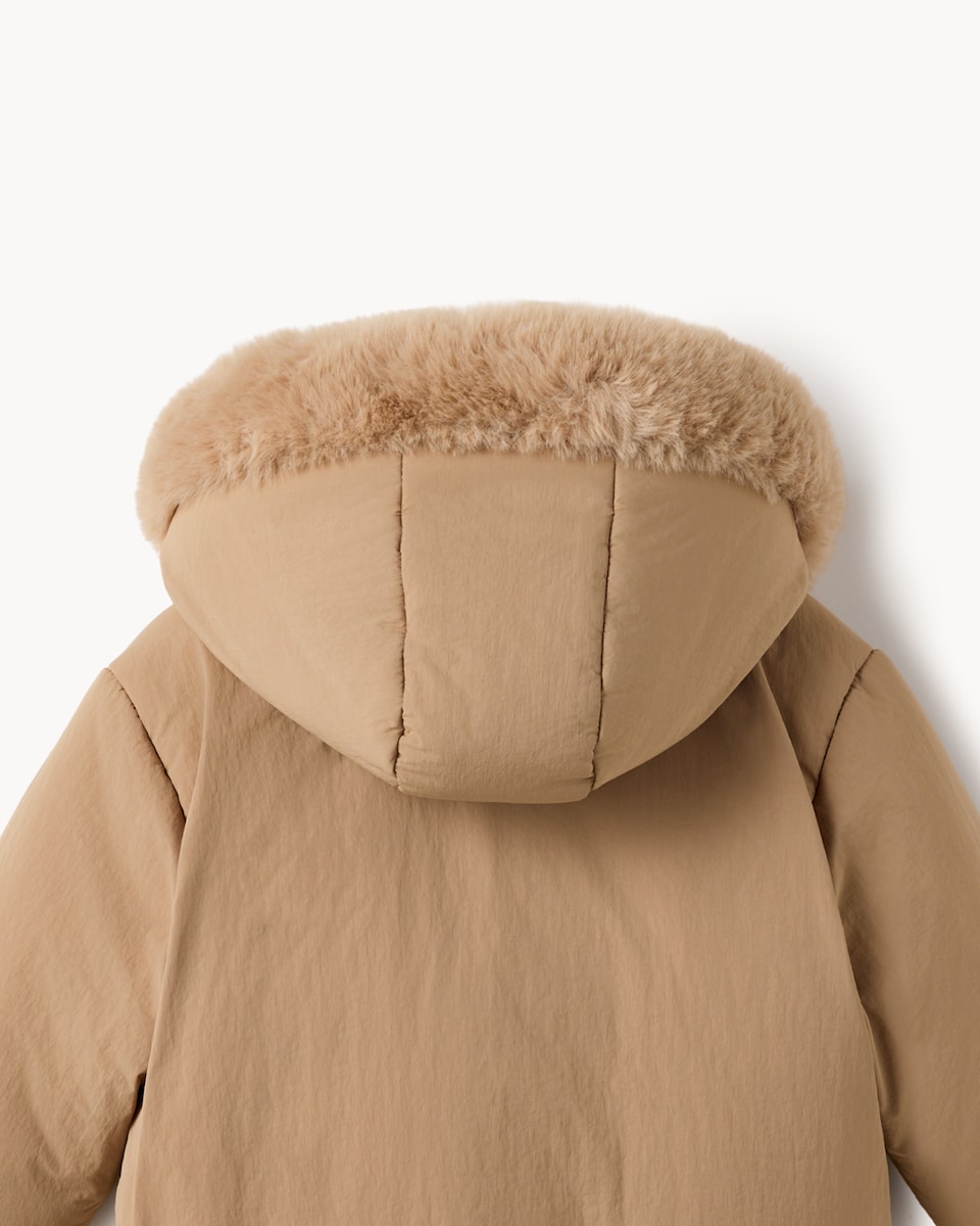 image 1 of F&F Baby Bow Detail Faux Fur Hooded Jacket in Stone