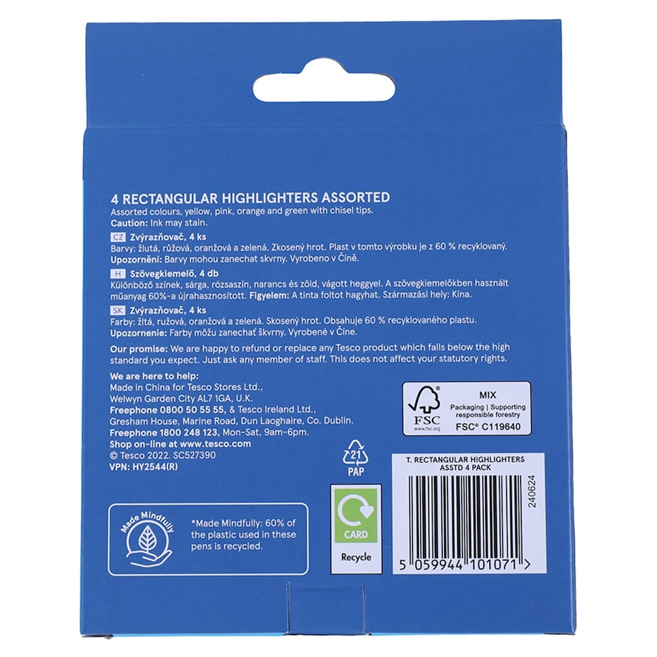 image 1 of Tesco Rectangular Highlighters Asstd 4 Pack