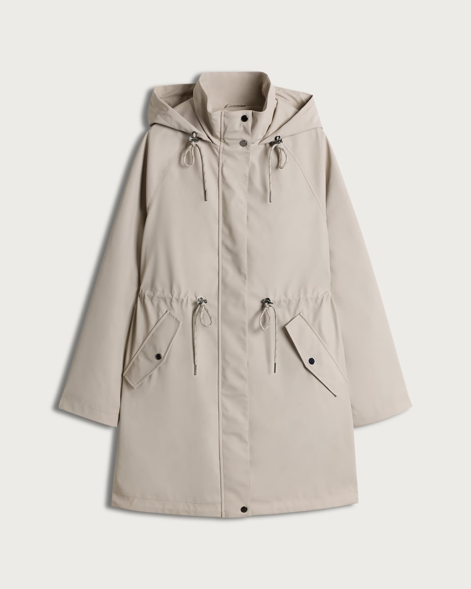 image 1 of F&F Drawstring Waist Hooded Raincoat in Cream