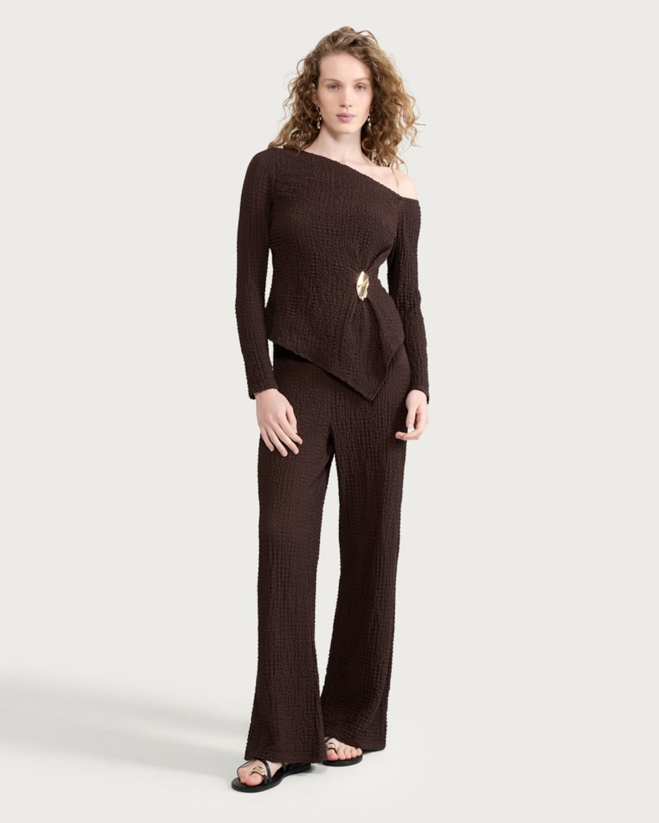image 1 of F&F Crinkle Textured Wide Leg Trousers in Chocolate