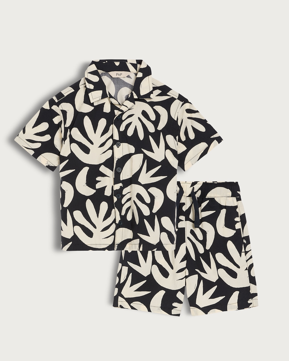 image 1 of F&F Boys Tropical Leaf Print Shirt and Short Set in Multi Black White