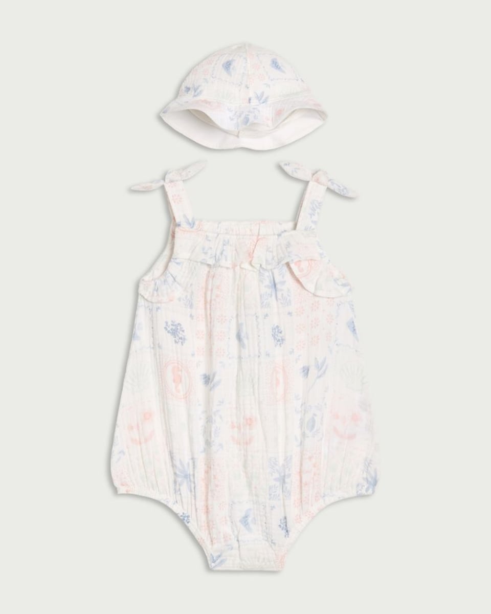 F&F Baby 2-Piece Pure Cotton Floral Romper and Hat in White