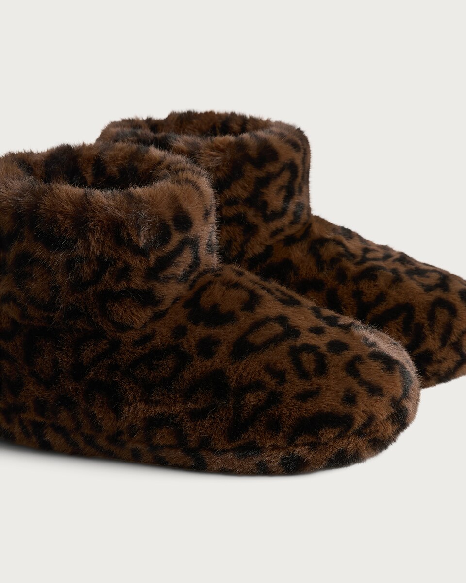 image 1 of F&F Faux Fur Leopard Print Boot Slippers in Brown