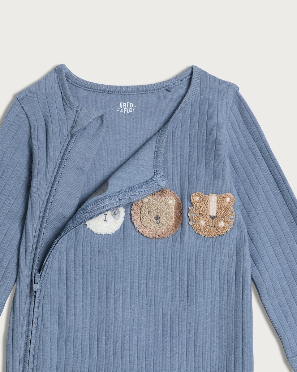 image 1 of F&F Baby 2-Pack Cotton Rich Ribbed Animal and Stripe Print Sleepsuits in Blue