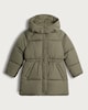 image 5 of F&F Girls Hooded Longline Shower Resistant Puffer Coat in Khaki