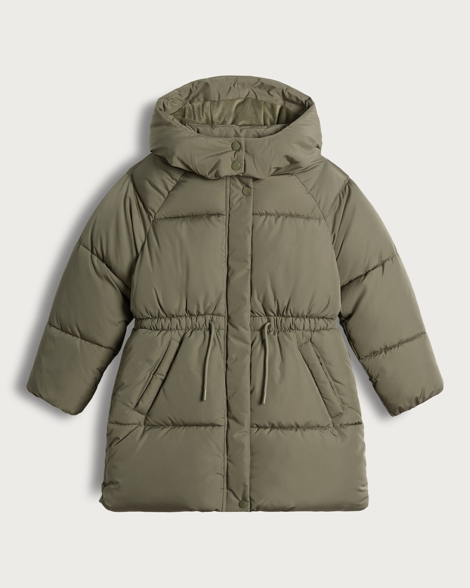 image 1 of F&F Girls Hooded Longline Shower Resistant Puffer Coat in Khaki