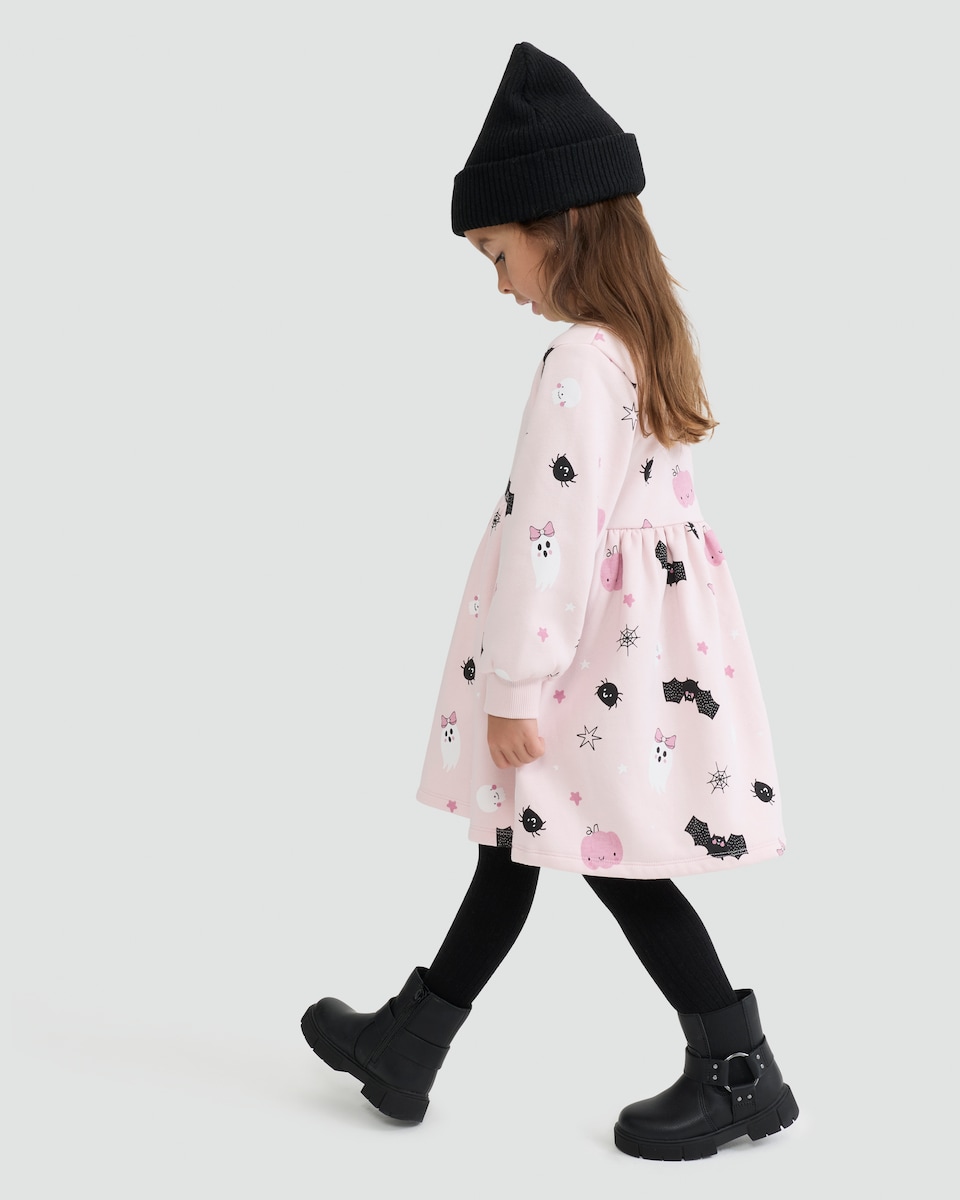 image 1 of F&F Girls Halloween Print Cotton Rich Sweater Dress in Multi