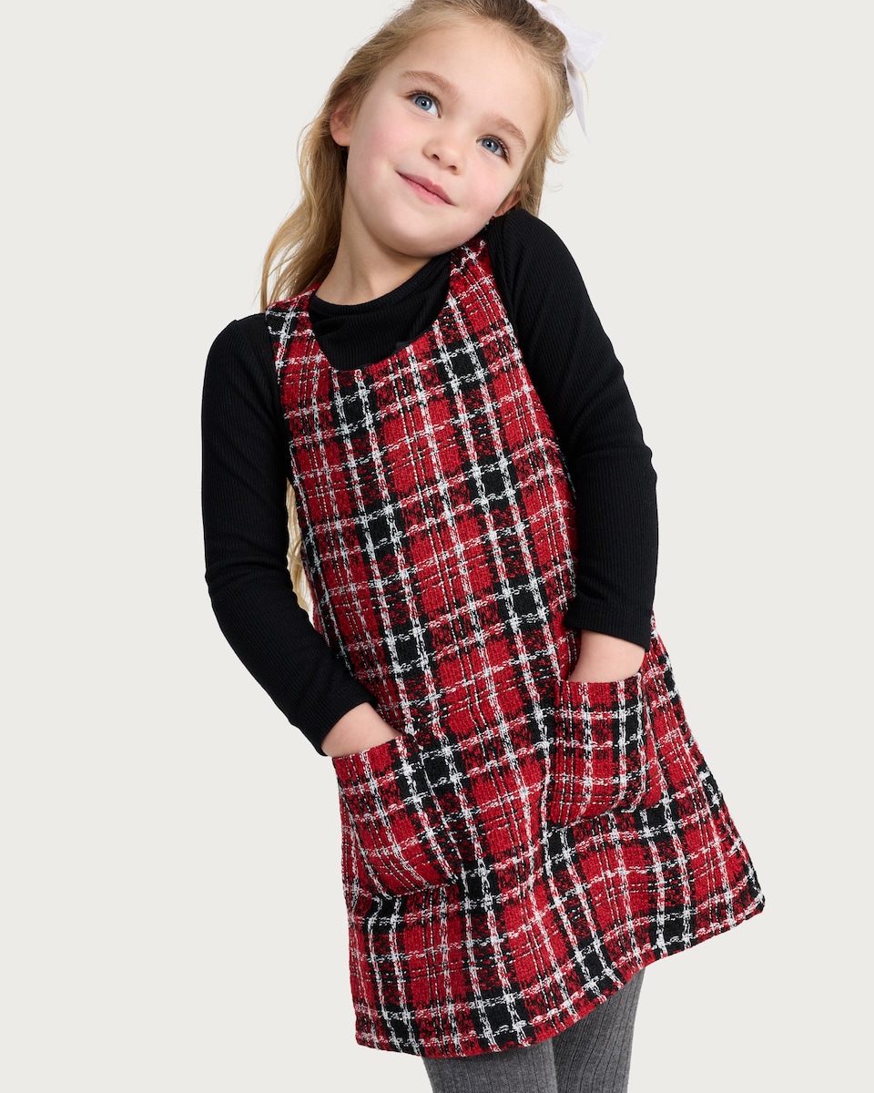 image 1 of F&F Girls 2-Piece Tartan Pinafore Dress and Top Set in Red