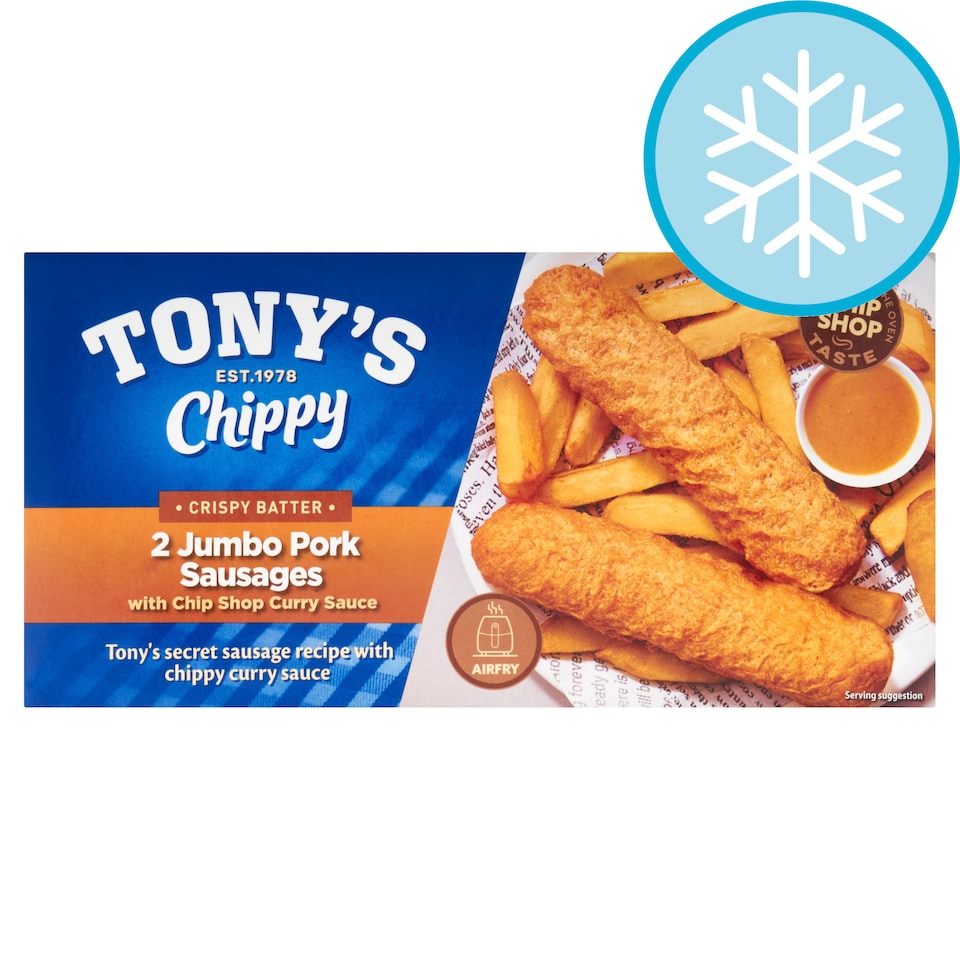 Tony's Chippy 2 Jumbo Battered Pork Sausages with Chip Shop Curry Sauce 260g