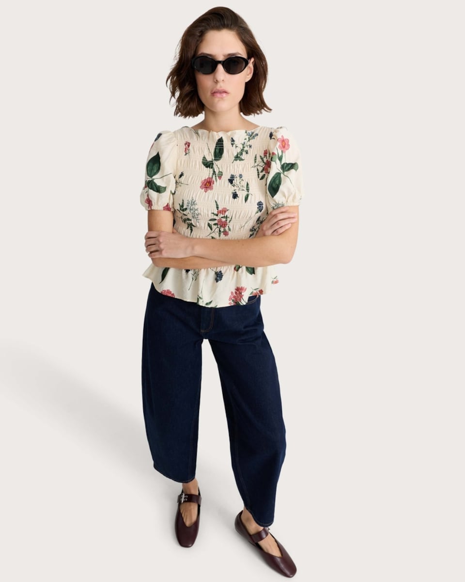 image 1 of F&F Floral Print Shirred Peplum Top in Cream