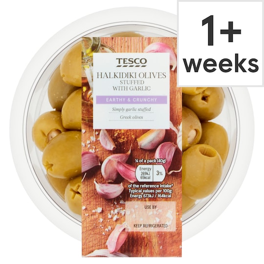 Tesco Halkidiki Olives, Garlic Cloves 160G Tesco Groceries