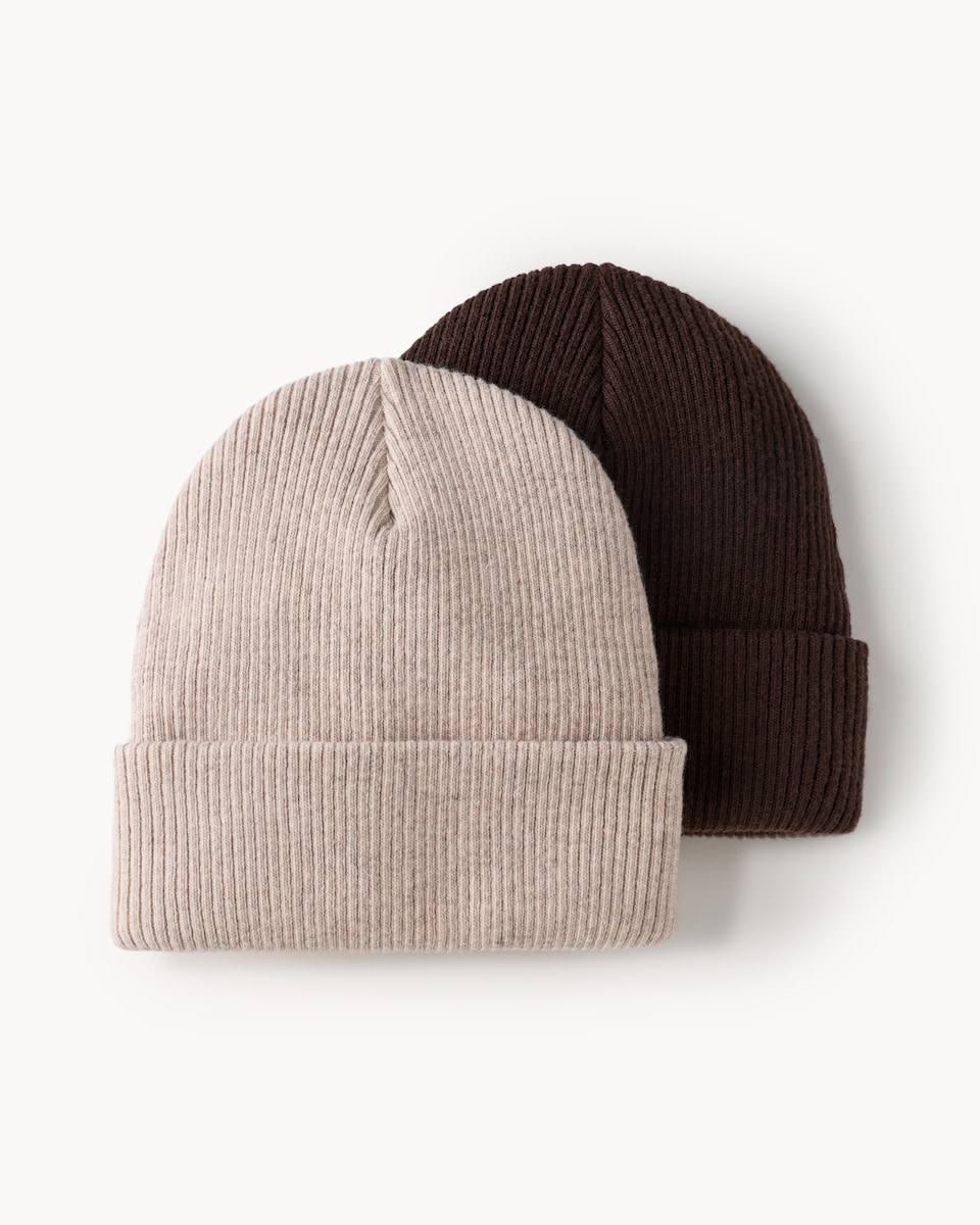 image 1 of F&F 2-Pack Ribbed Beanie Hats in Multi