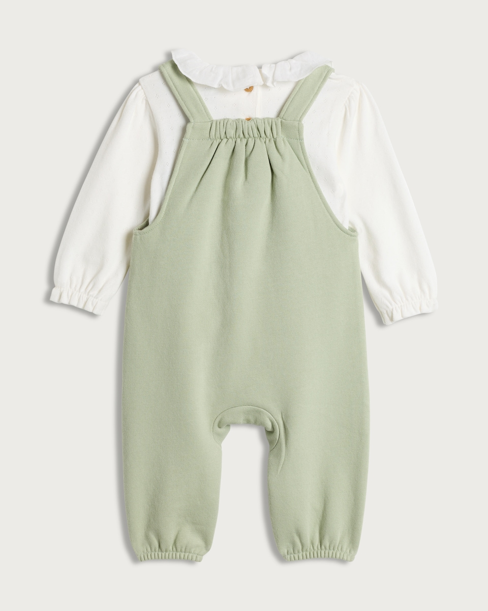 image 1 of F&F Baby 2-Piece Cotton Rich Floral Embroidered Dungarees and Bodysuit Set in Green