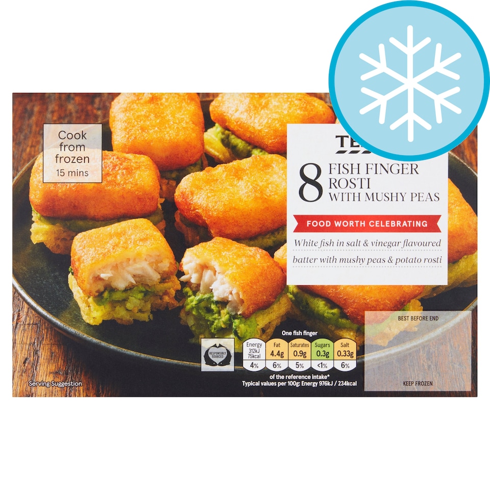 Tesco 8 Open Fish Finger Rosti & Mushy Peas 280G Tesco Groceries
