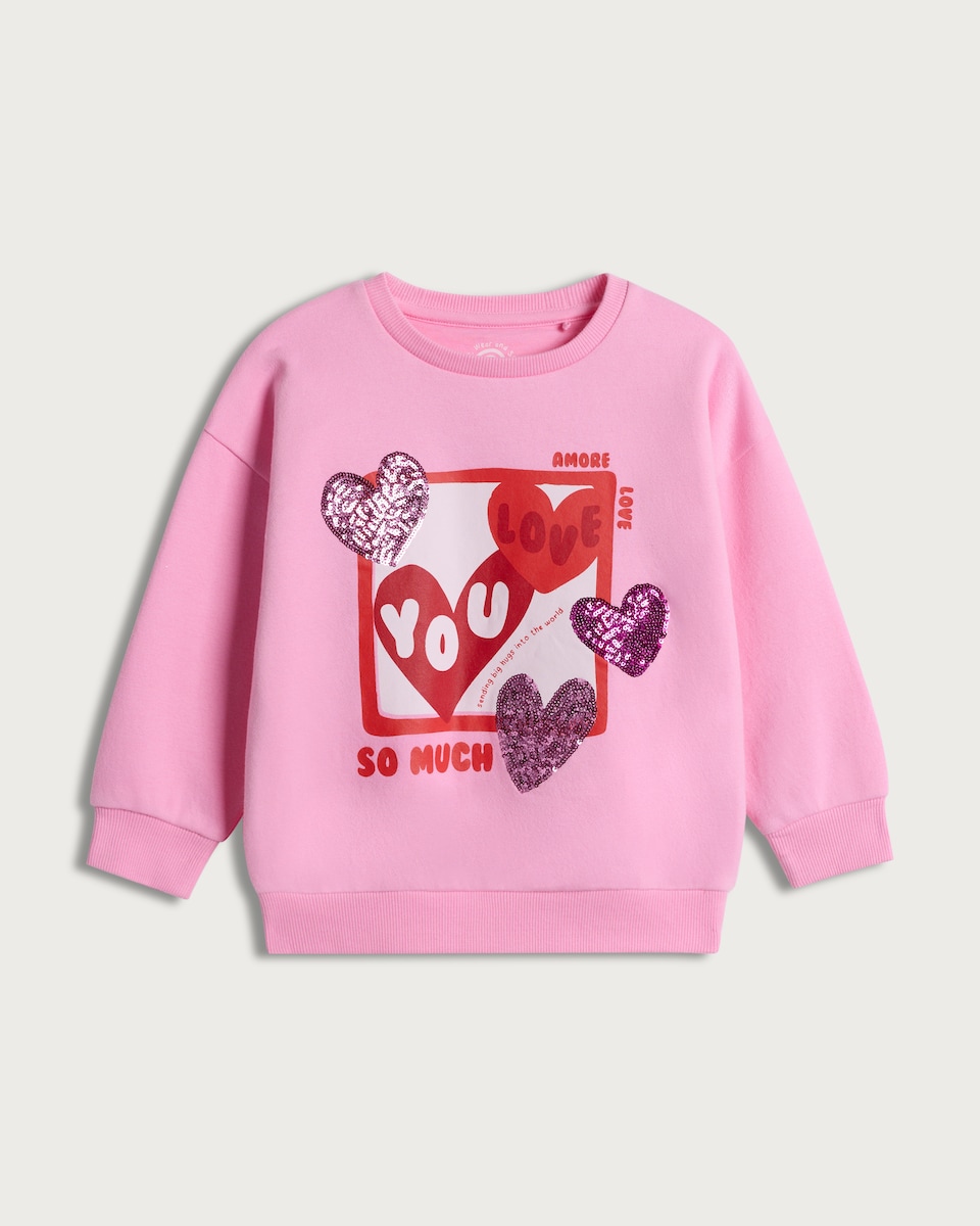 image 1 of F&F Girls Cotton Rich Love Sequin Sweatshirt in Pink