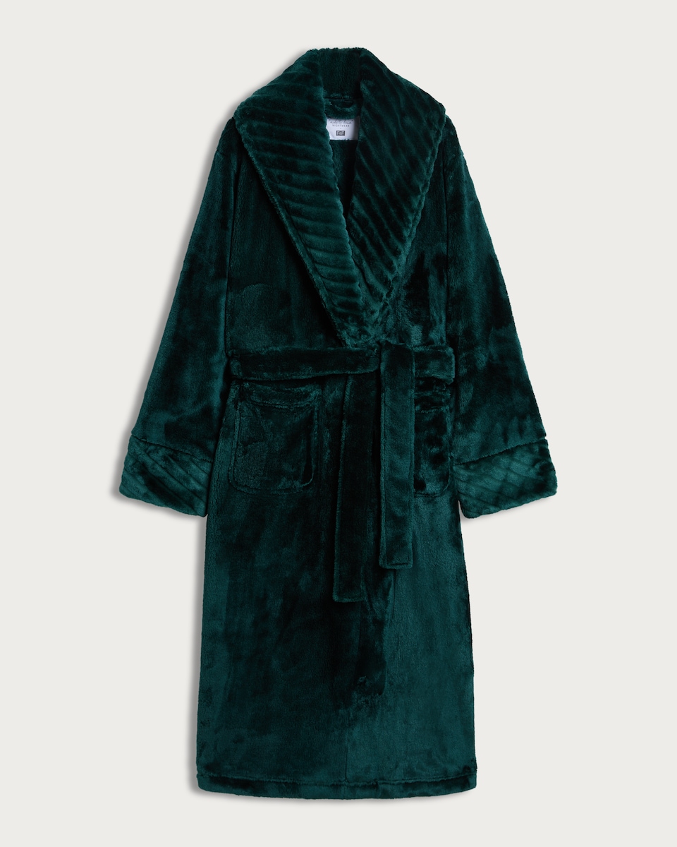image 1 of F&F Fleece Striped Collared Dressing Gown in Green
