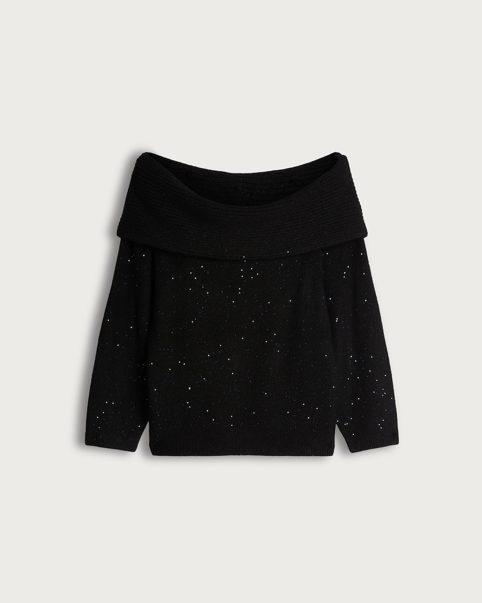 image 1 of F&F Knitted Off Shoulder Sparkle Jumper in Black