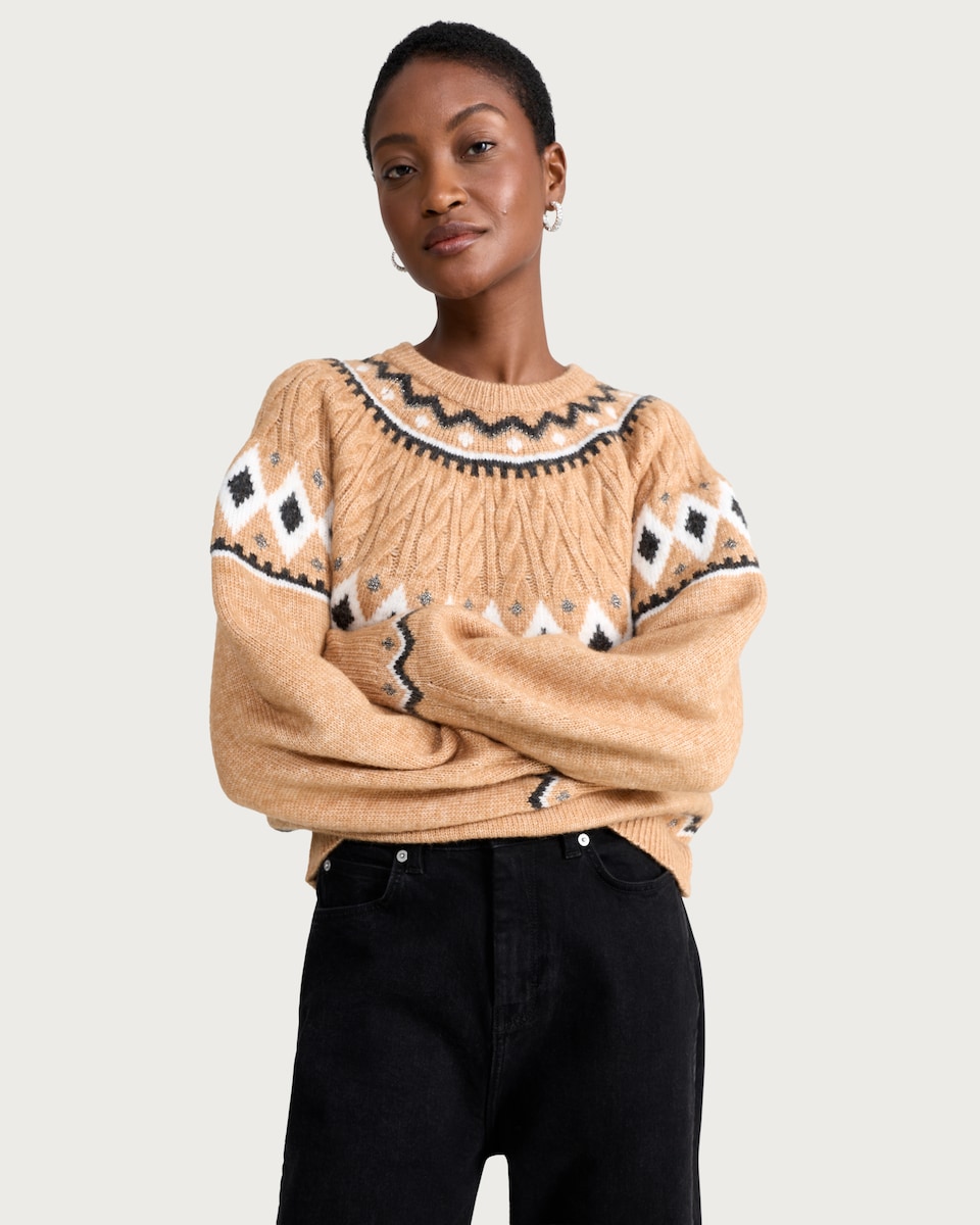 image 1 of F&F Knitted Fair Isle Jumper in Brown