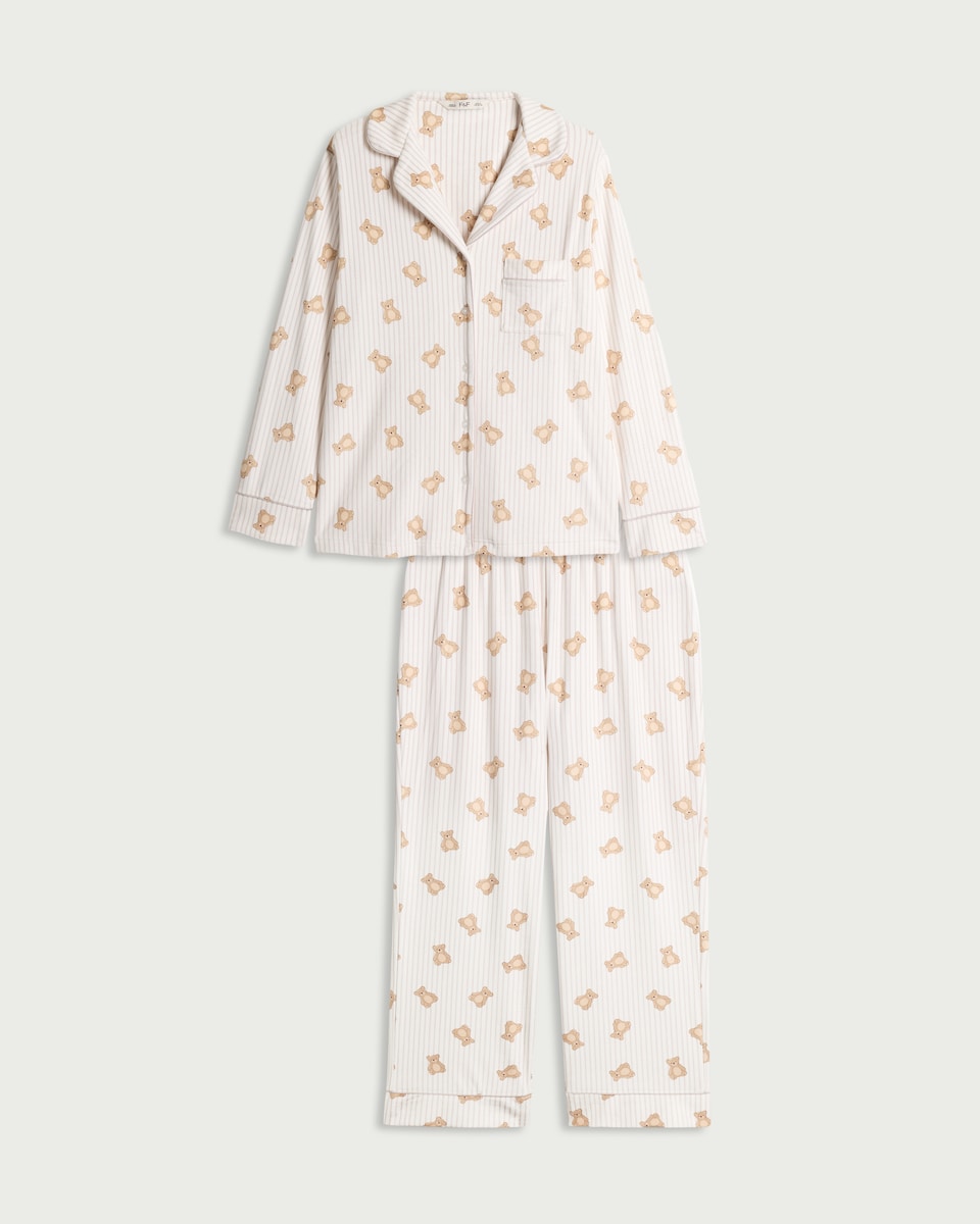 image 1 of F&F Fleece Striped Bear Print Revere Pyjama Set in Cream