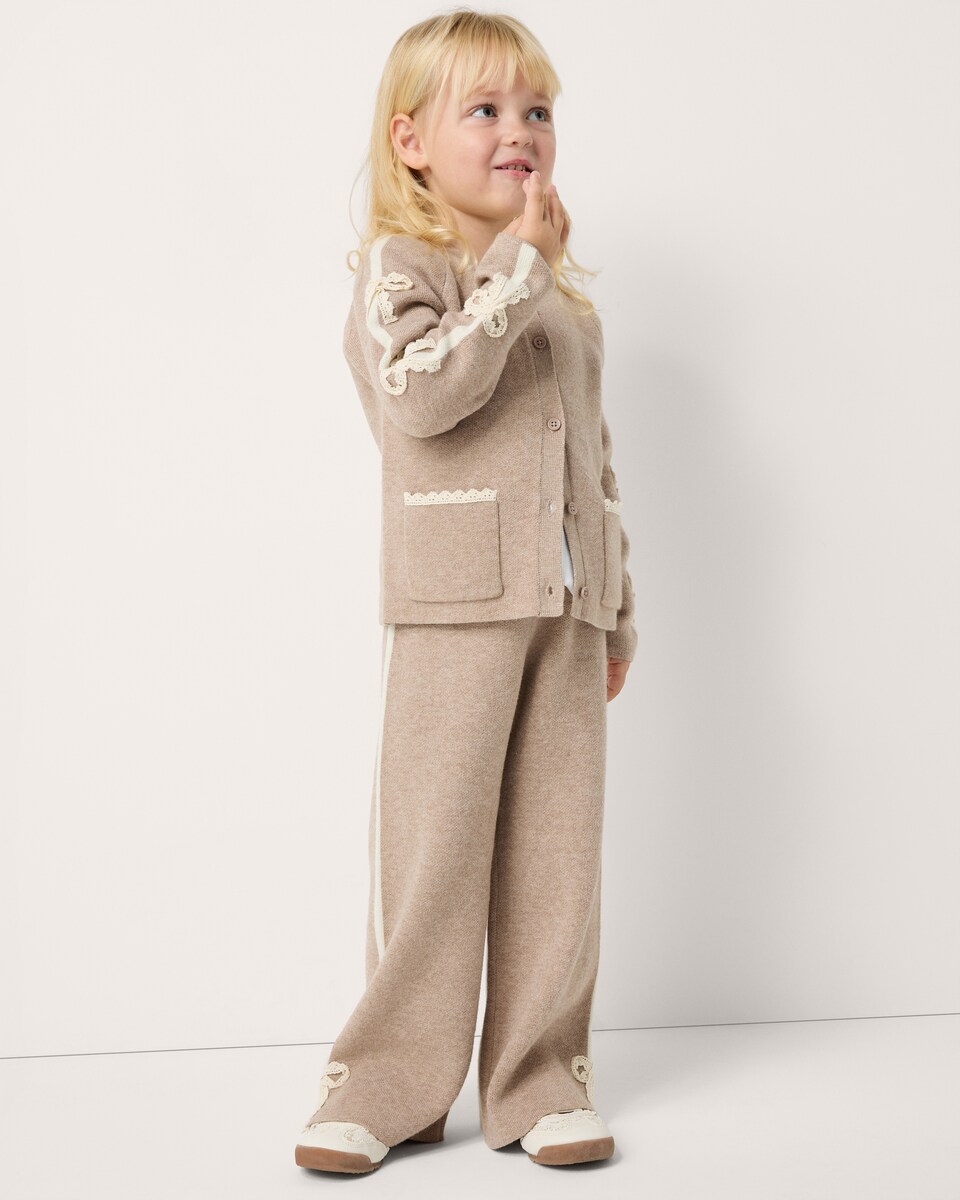 image 1 of F&F Girls Knitted Bow Cardigan and Wide Leg Trousers Set in Tan