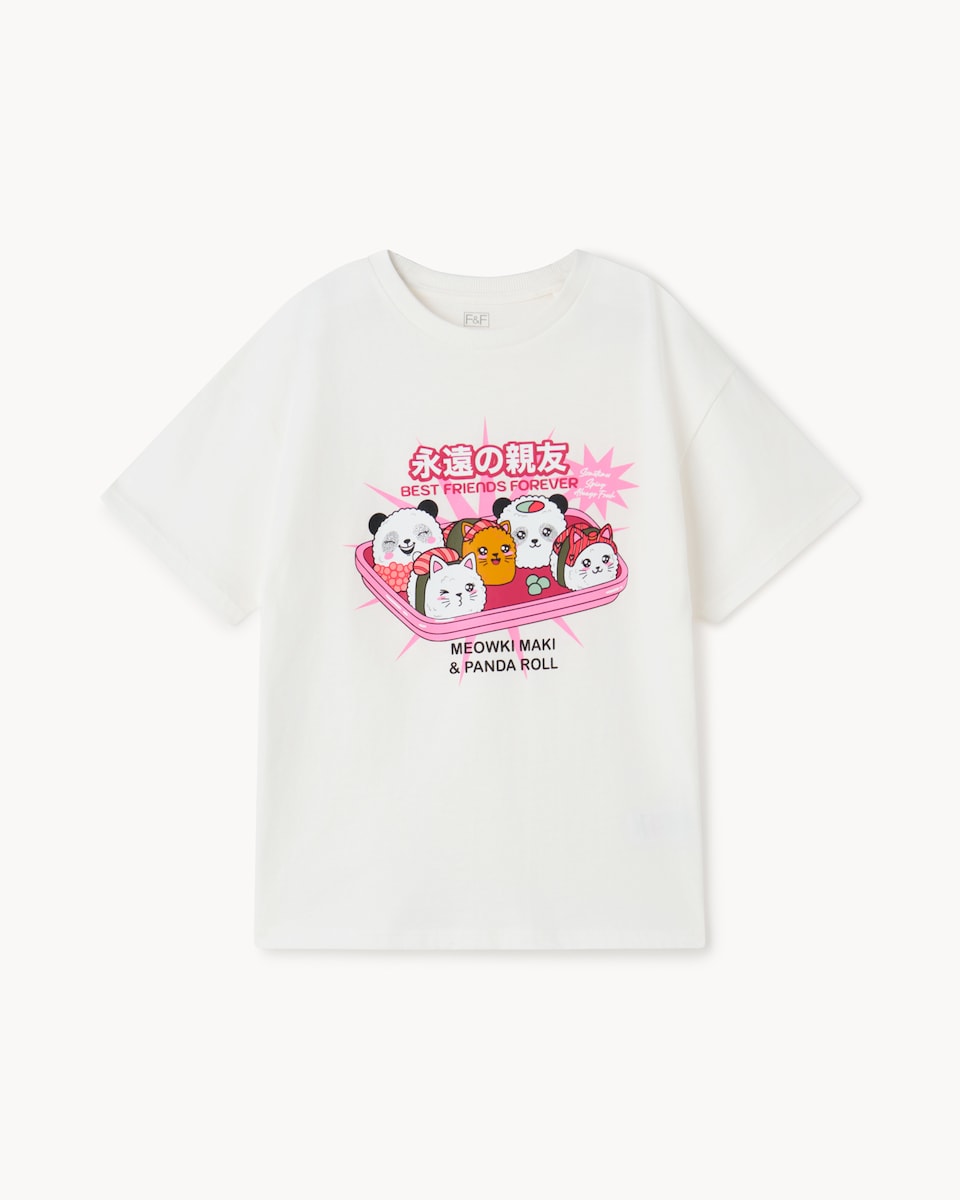 image 1 of F&F Girls Pure Cotton Printed T-Shirt in Cream