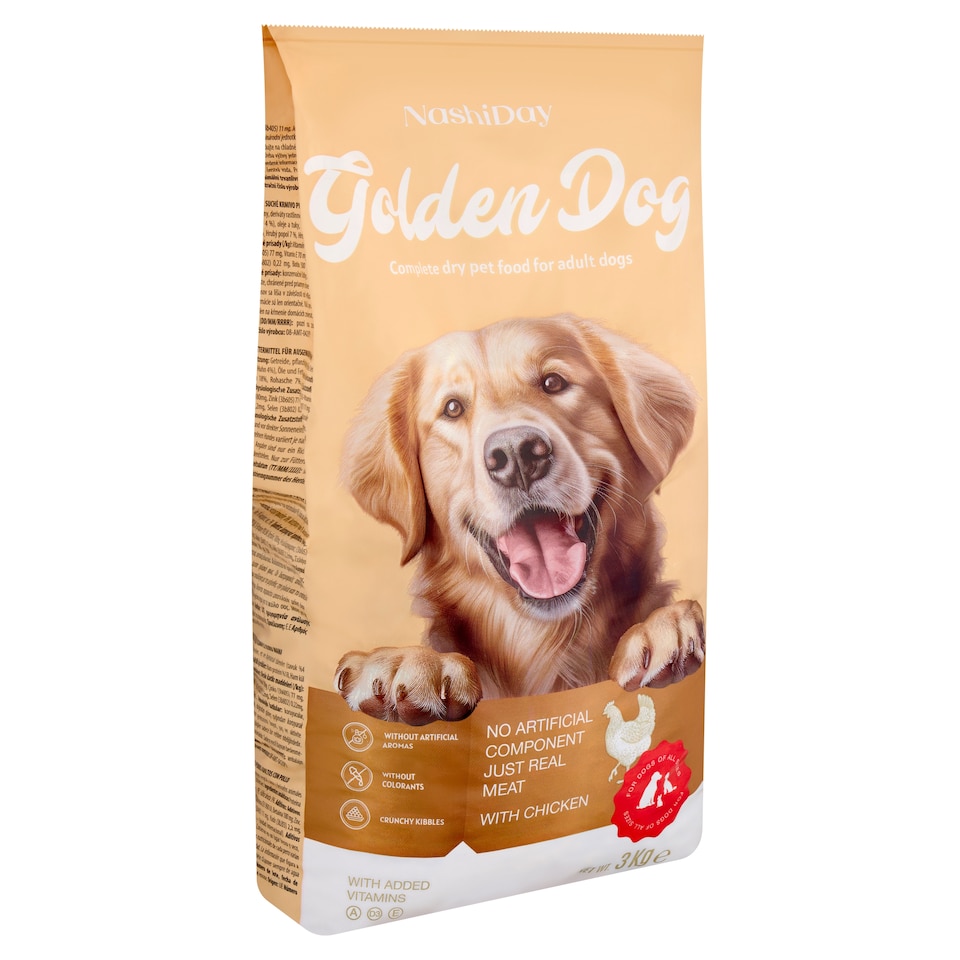NashiDay Golden Dog teljes értékű száraz állateledel felnőtt kutyák számára csirkével 3 kg  1. kép