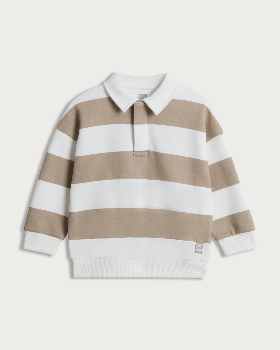 image 1 of F&F Boys Cotton Rich Stripe Print Rugby Sweatshirt in Stone