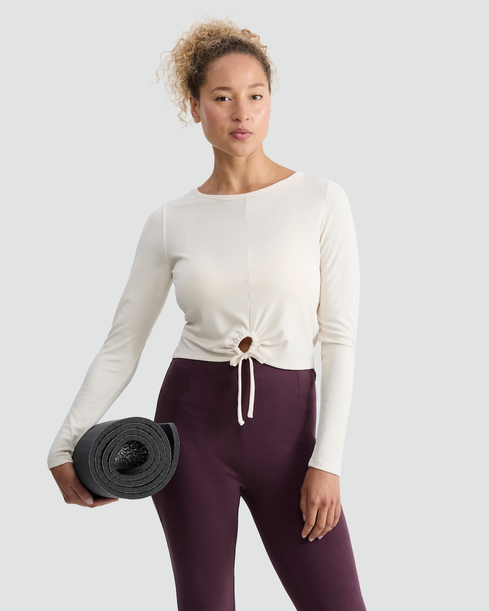image 1 of F&F Active Modal Rich Long Sleeved Drawstring Top in Cream