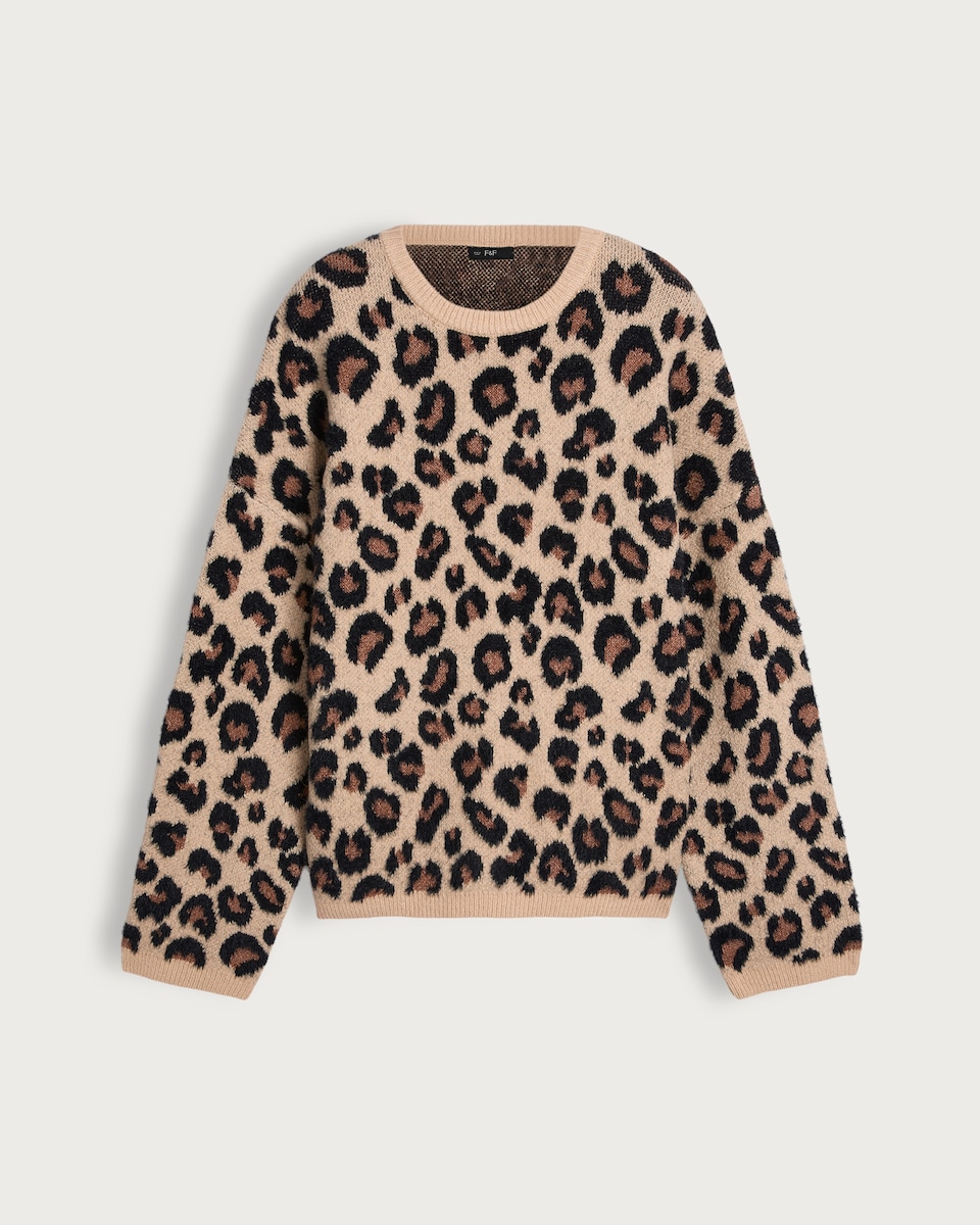 image 1 of F&F Animal Print Long Sleeved Jumper in Brown
