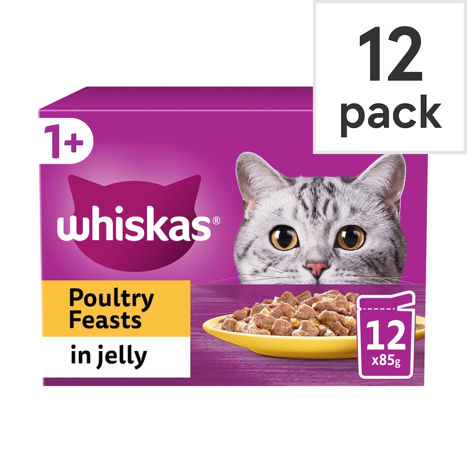 Whiskas Adult Cat Food Pouches Poultry Feasts In Jelly 12x85g Tesco