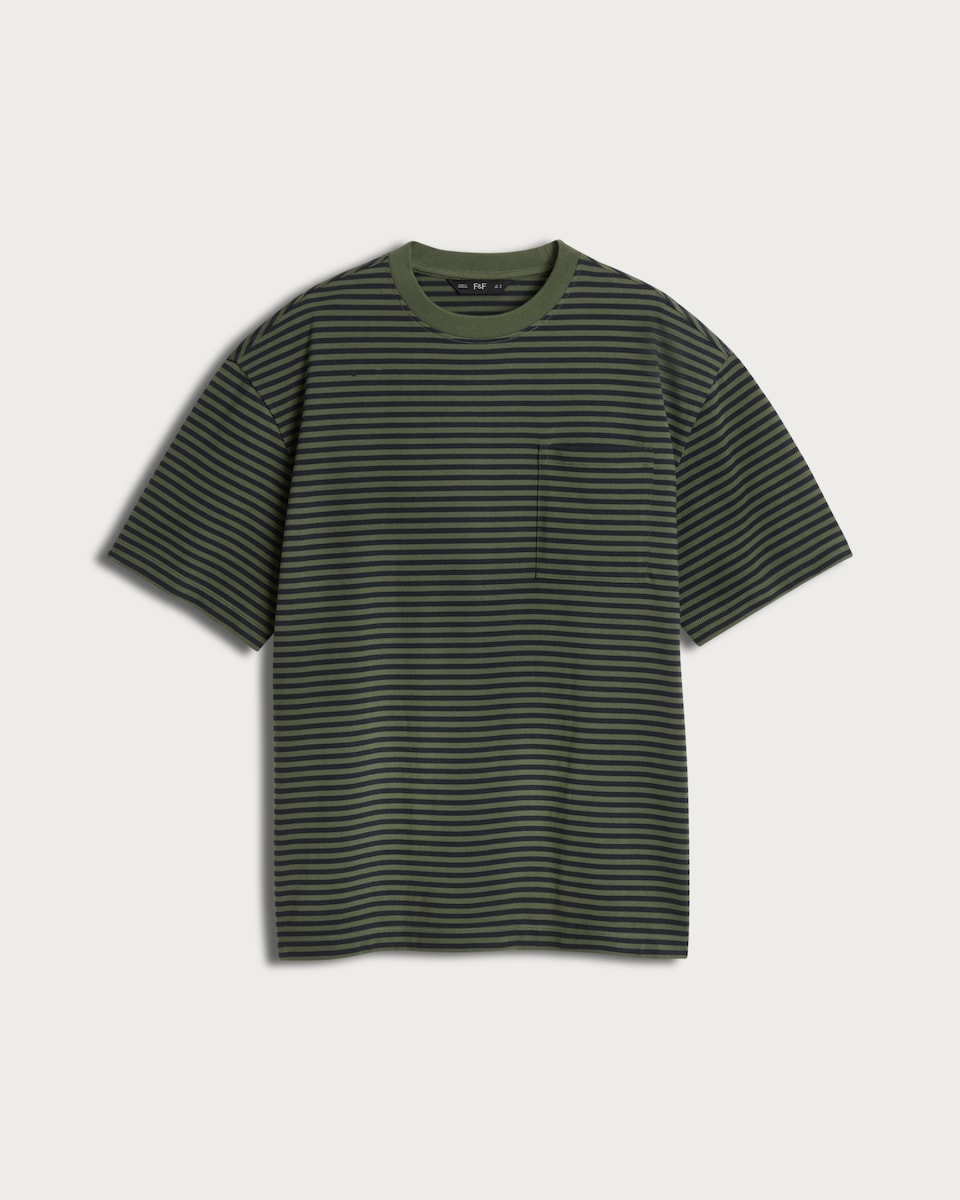 image 1 of F&F Pure Cotton Heavyweight Stripe Print T-Shirt in Green