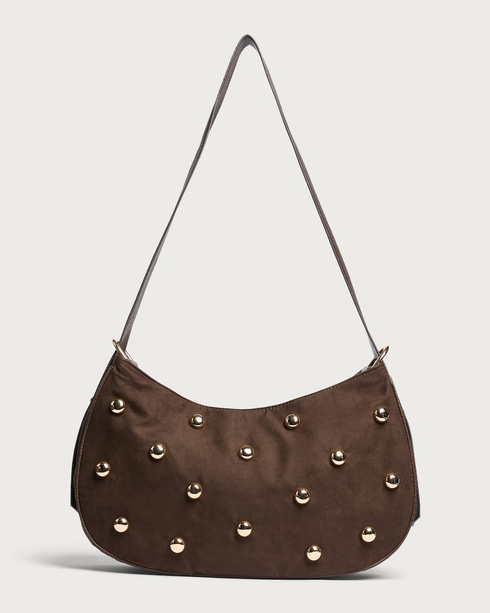 image 1 of SACHA Faux Suede Studded Shoulder Bag in Brown