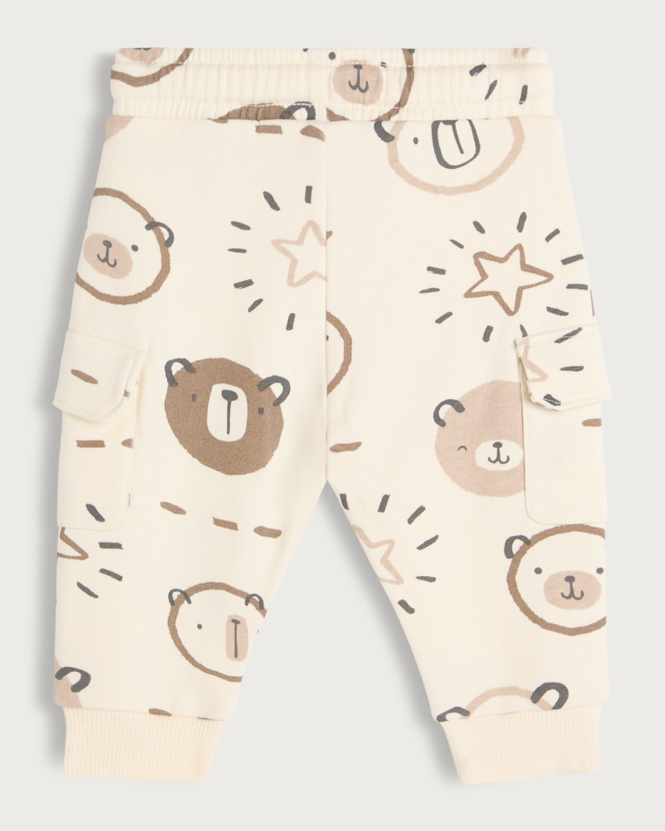 image 1 of F&F Baby 2-Pack Cotton Rich Bear Print Drawstring Cargo Joggers in Grey