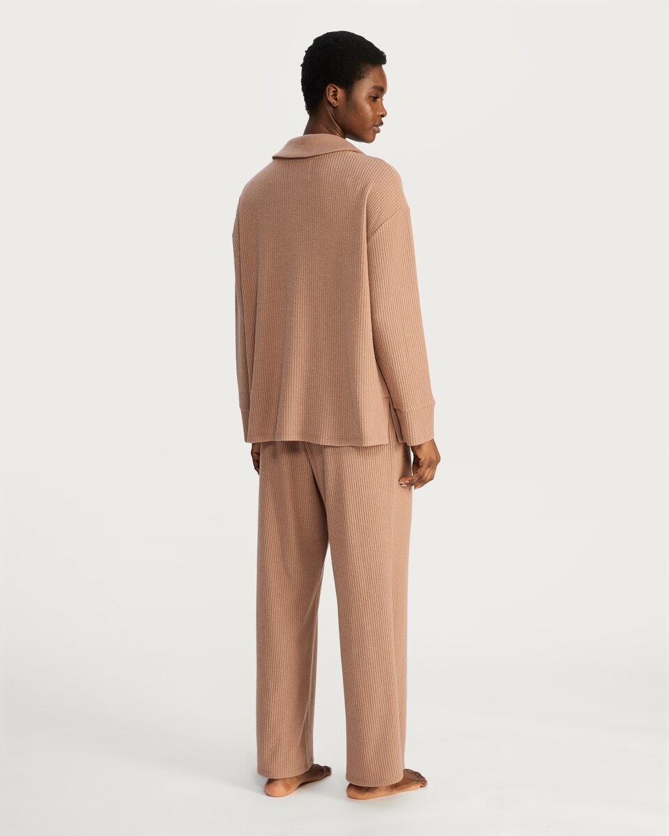 image 1 of F&F Ribbed Revere Button Up Pyjama Set in Med Nude