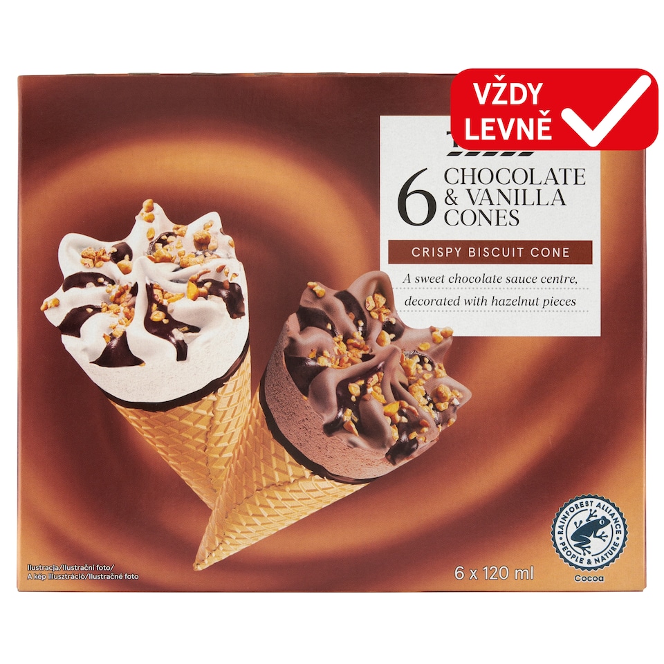 Tesco Mražený krém vanilkový a čokoládový v oplatkovém kornoutu 6 x 120ml (720ml)