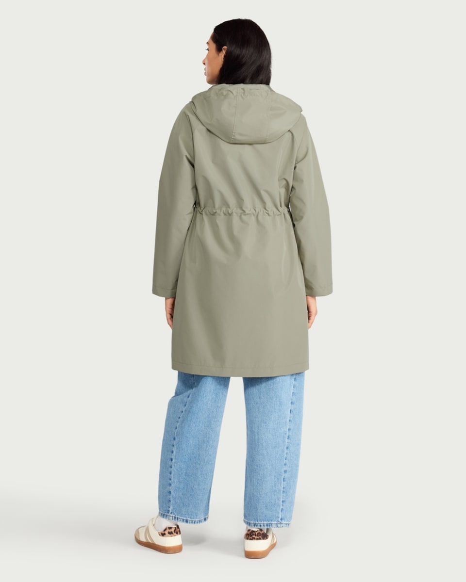 image 1 of F&F Shower Resistant Drawstring Waist Hooded Raincoat in Khaki
