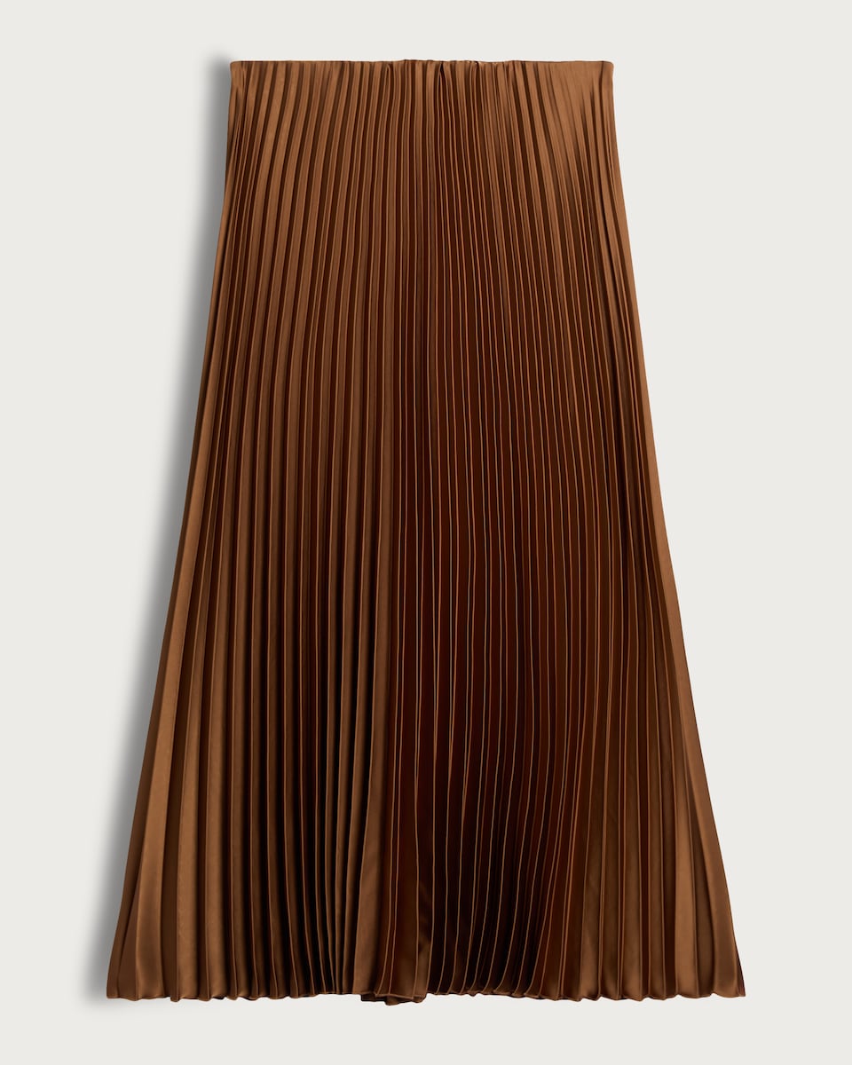 image 1 of The F&F Edit Satin Pleated Midi Skirt in Camel
